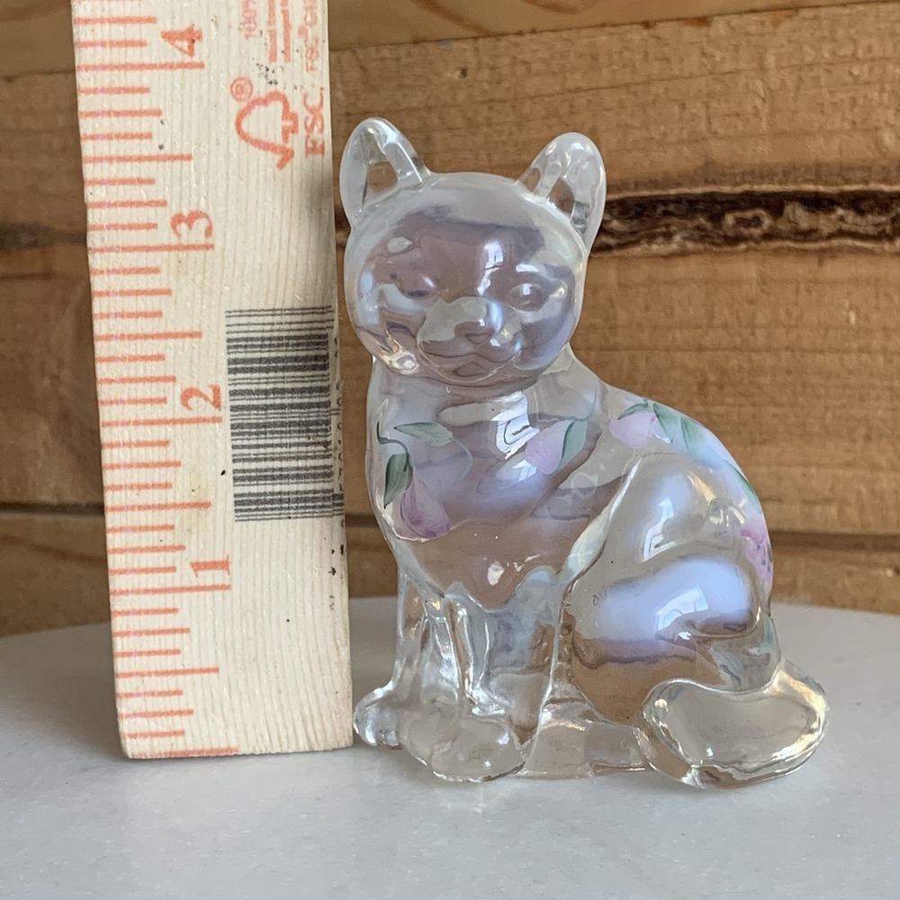 Fenton MCM Glass Cat‎ Hand Painted With Flowers Floral Design Opalescent 3.5" - Picture 8 of 8
